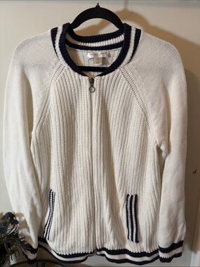 Christopher Banks White Zip-Front Knit Sweater with Navy Trim - Petite xl